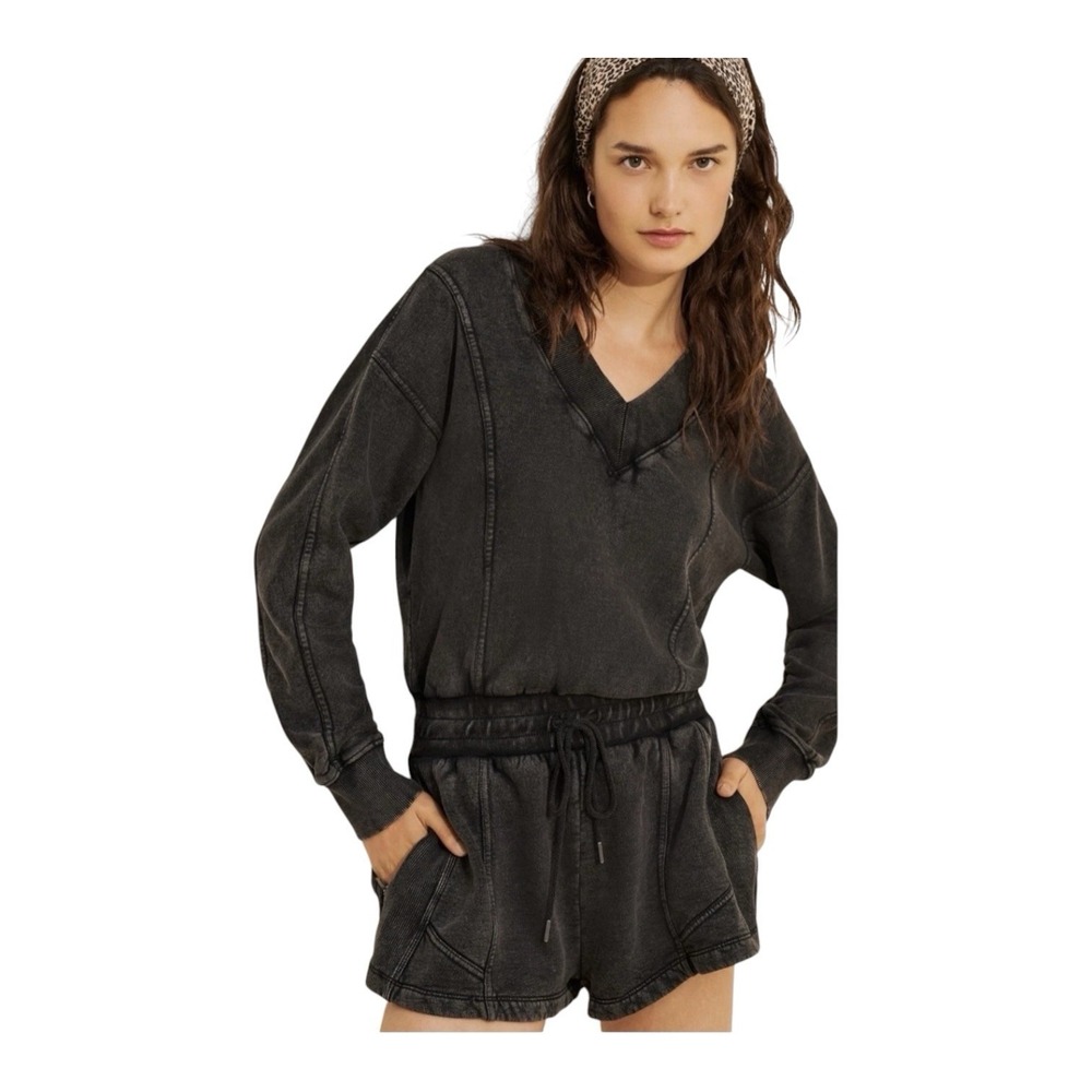 Free People FP Movement Intercept Sweatshirt Romper Women's Small Mineral Black